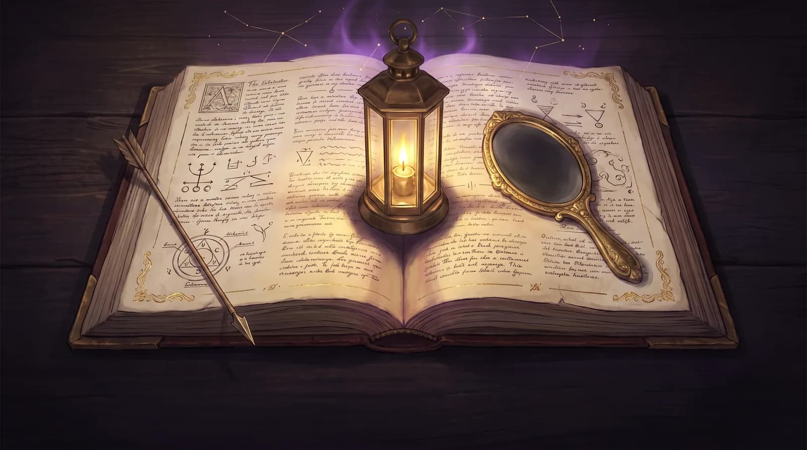 Editorial plate for the wounded-healer archetype: an antique brass lantern on an open grimoire, lighting both pages while its own base sits in shadow; beside it a hand-mirror turned away, its glass dark; a single arrow laid down along the page edge.