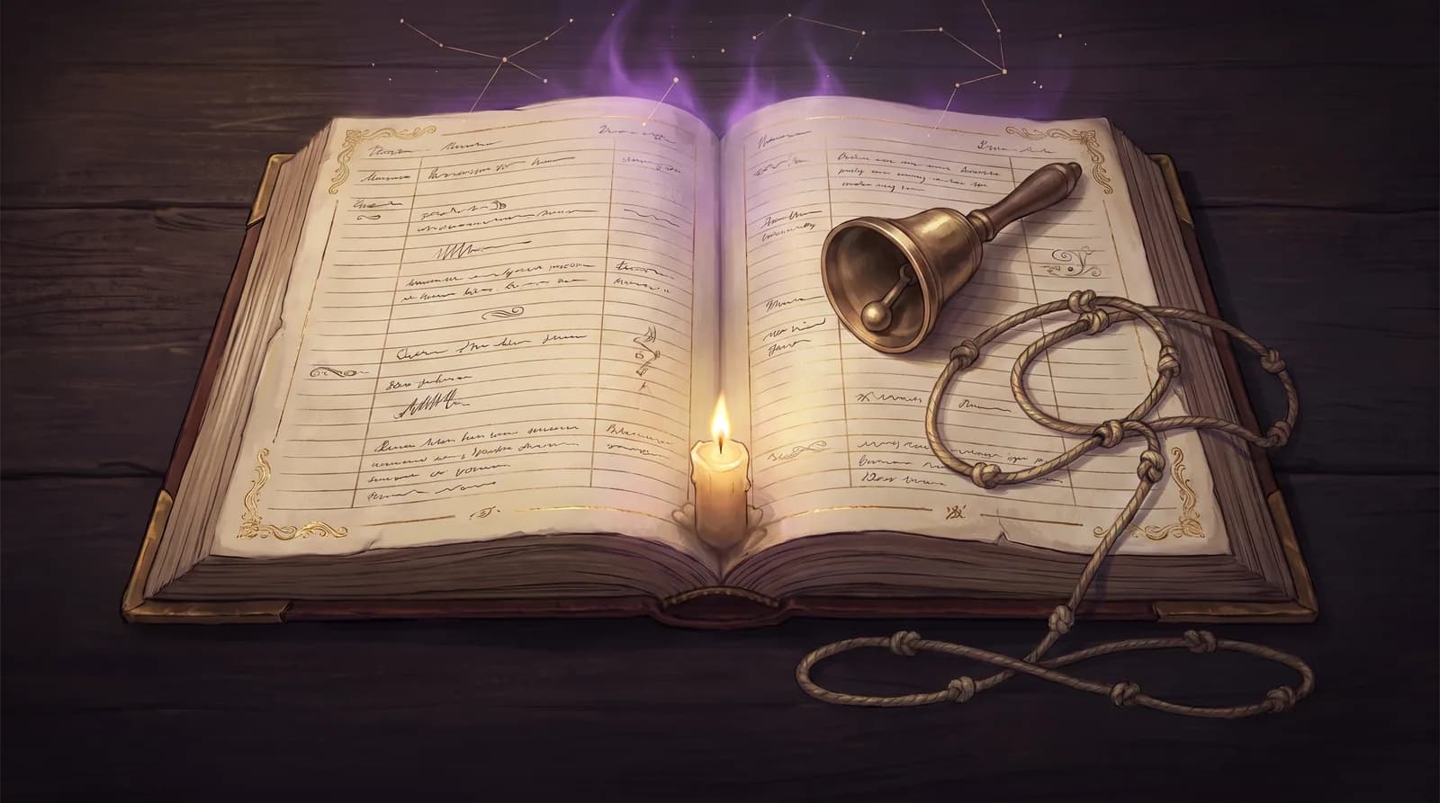 Editorial plate for the monastic vocation: an old rule-book lying open on dark wood, its pages ruled into an orderly grid of hours; a bronze hand-bell rests on its side, silent, beside a long evenly knotted cord, and a single low candle burns at the gutter.