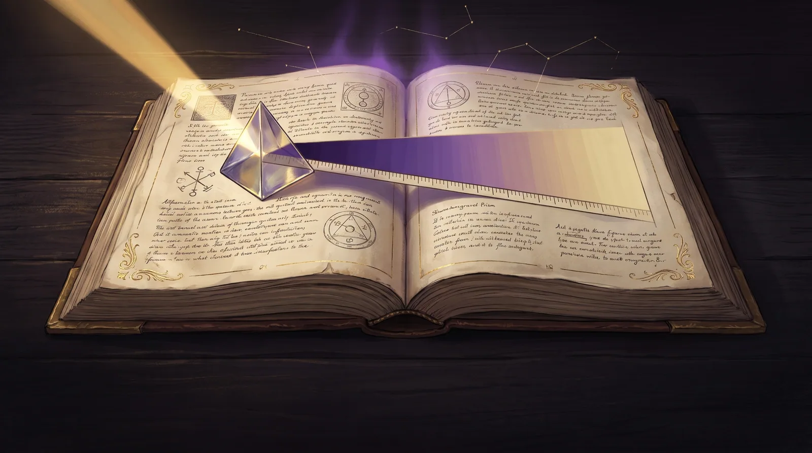 An open grimoire with a glass prism fanning a single beam into a graded violet-to-gold scale — traits as a continuous dial, not fixed boxes.
