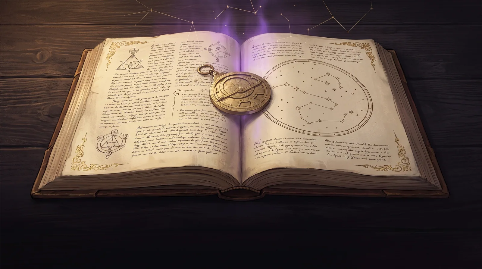 An open grimoire with a brass astrolabe beside an engraved star-chart whose stars are all drawn alike — an unusual arrangement of ordinary stars, not a ranking.