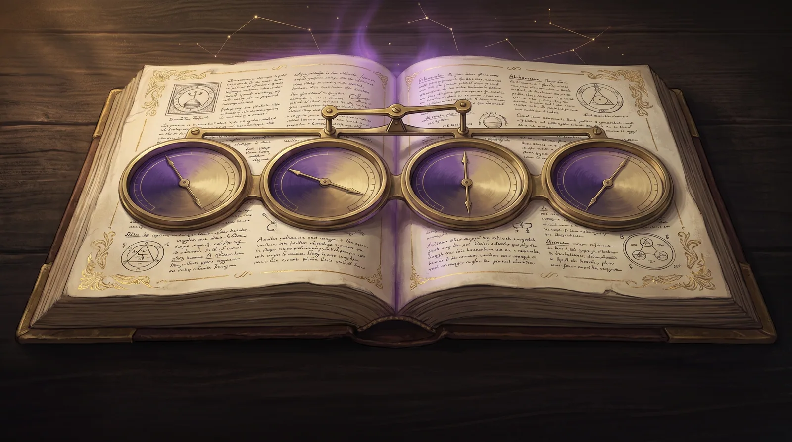 An open grimoire holding four antique brass gauge-dials, each needle resting along a graded violet-to-gold arc beneath a linking mechanism — continuous trait dials, not forced either/or letters.